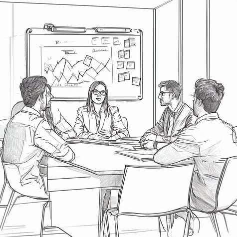 Black and white line drawing of a group working session in a conference room