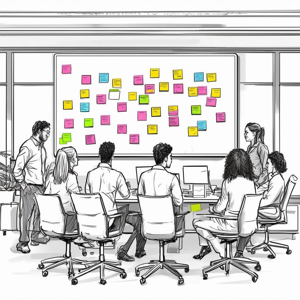 The image depicts a modern office environment filled with professionals engaged in a brainstorming session