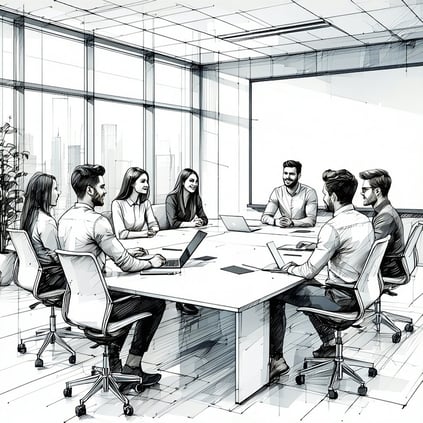 The image features an office environment with a small group working session in a conference room