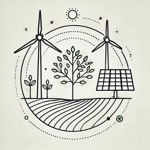 DALL·E 2024-12-06 09.13.27 - A minimalistic and clean line drawing representing clean energy solutions. The drawing features a wind turbine, solar panels, and a tree, all intercon